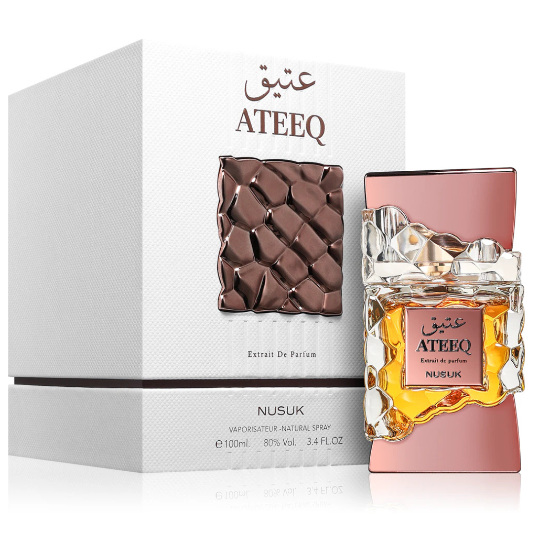 Nusuk Ateeq 100ml eau de parfum bottle, honeyed tobacco and amber autumn perfume