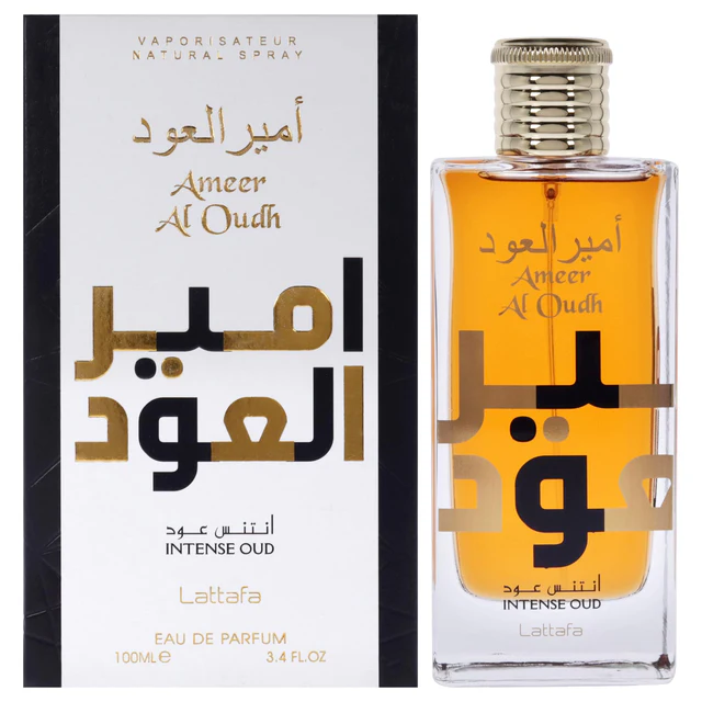 Lattafa Ameer Al Oudh Intense Oud 100ml eau de parfum bottle, sweetened oud autumn perfume