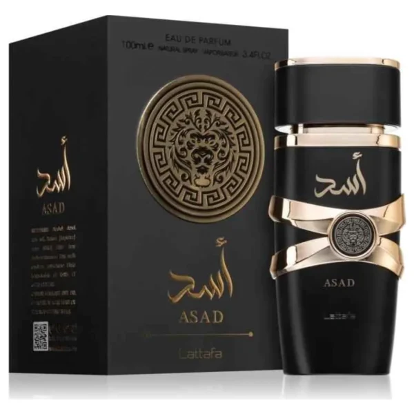 Lattafa Asad 100ml eau de parfum bottle, tobacco and amber autumn scent