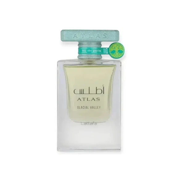 Atlas Glacial Valley by Lattafa 55ml Eau De Parfum bottle on white background