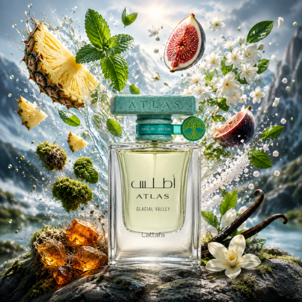 Atlas Glacial Valley by Lattafa bottle in glacial scene