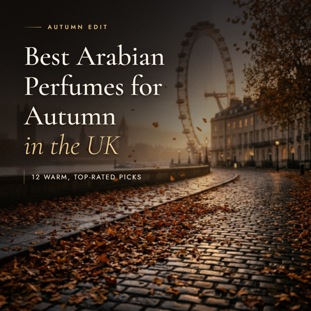 Autumn leaves on a wet London riverside walkway at dusk with the London Eye behind, titled Best Arabian Perfumes for Autumn in the UK