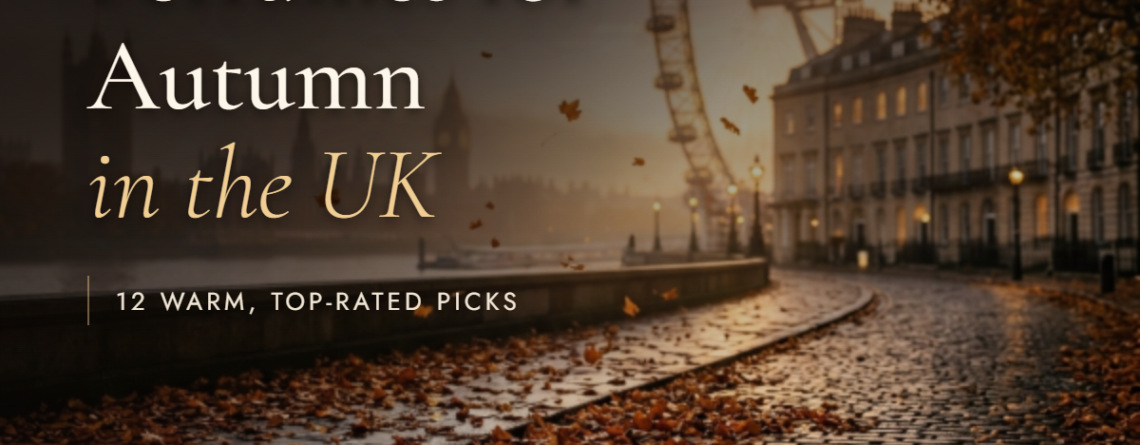 Autumn leaves on a wet London riverside walkway at dusk with the London Eye behind, titled Best Arabian Perfumes for Autumn in the UK