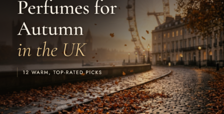 Autumn leaves on a wet London riverside walkway at dusk with the London Eye behind, titled Best Arabian Perfumes for Autumn in the UK