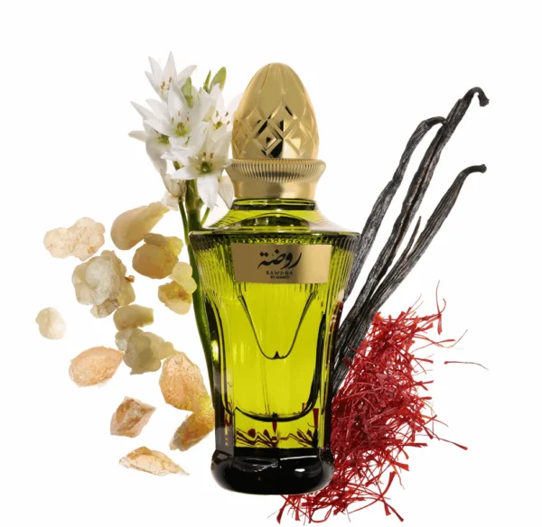 Rawdha by Ahmed Al Maghribi 50ml Eau De Parfum bottle and box on white