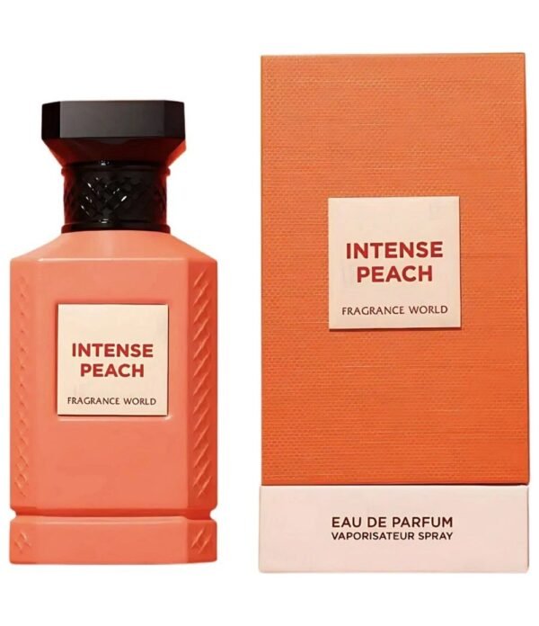 Intense Peach by Fragrance World 80ml bottle and box Intense Peach by Fragrance World 80ml Eau De Parfum bottle with box