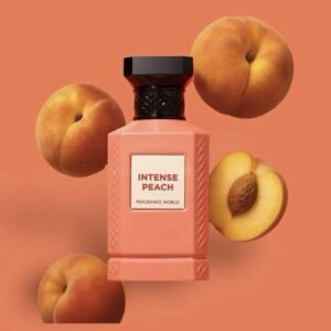 Intense Peach by Fragrance World 80ml Eau De Parfum bottle with fresh peaches
