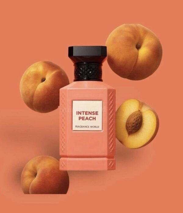 Intense Peach by Fragrance World 80ml Eau De Parfum bottle with fresh peaches