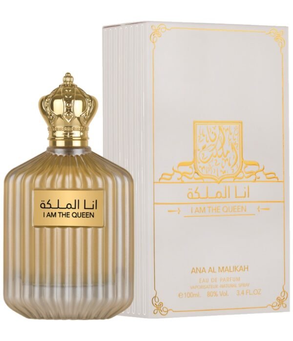 Ana Al Malikah I Am The Queen by Ard Al Zaafaran 100ml EDP Ana Al Malikah I Am The Queen by Ard Al Zaafaran 100ml Eau De Parfum, bottle and box