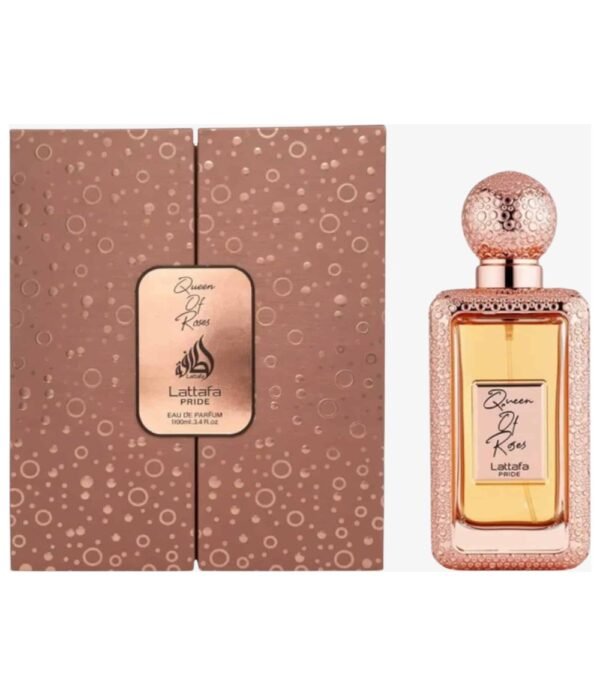 Queen Of Roses by Lattafa Pride 100ml bottle and box Queen Of Roses by Lattafa Pride 100ml Eau De Parfum bottle with box