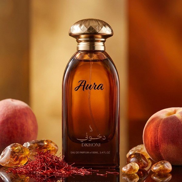 Aura by Dkhoon Emirates 100ml eau de parfum, styled product photo