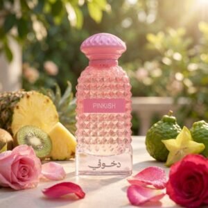 Pinklish by Dkhoon Emirates 100ml eau de parfum, styled product photo