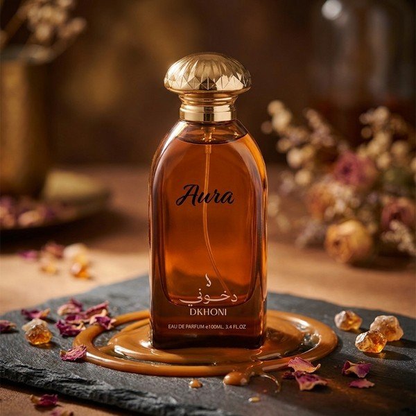 Aura by Dkhoon Emirates 100ml eau de parfum, styled product photo