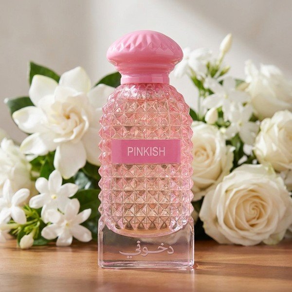 Pinklish by Dkhoon Emirates 100ml eau de parfum, styled product photo