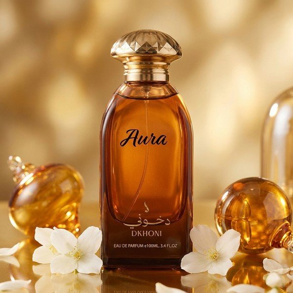 Aura by Dkhoon Emirates 100ml eau de parfum, styled product photo