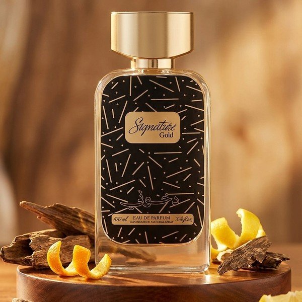 Signature Gold by Dkhoon Emirates 100ml eau de parfum, styled product photo
