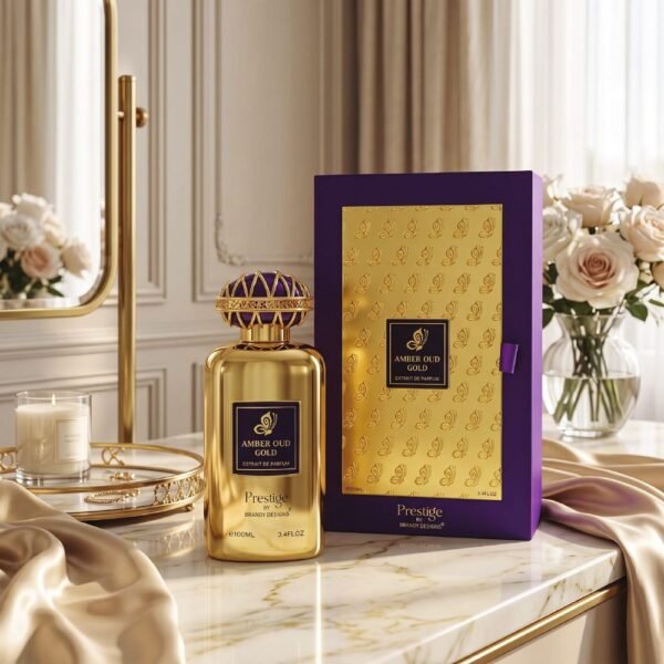Amber Oud Gold on a marble dressing table with its purple gift box